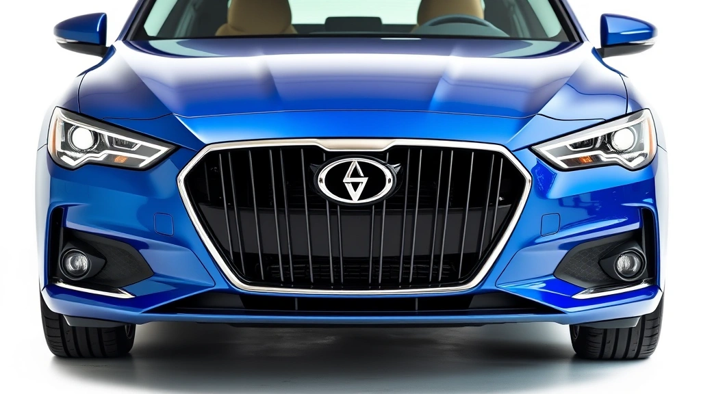 Luxury sedan front three-quarter view in metallic blue, professional automotive photography studio lighting, clean white background, premium design details visible