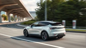Tesla Model Y electric crossover SUV in metallic silver driving on modern highway with charging station visible in background, dynamic motion shot