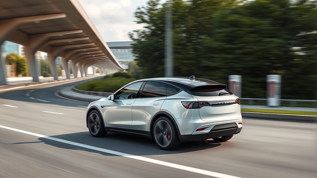 Tesla Model Y electric crossover SUV in metallic silver driving on modern highway with charging station visible in background, dynamic motion shot