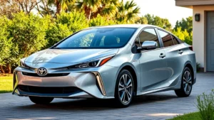 2024 Toyota Prius sedan photographed from three-quarter front angle in silver, modern sleek design, parked in sunlit driveway with green landscaping