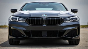 2024 BMW M440i xDrive sedan front three-quarter view, dark metallic paint, professional automotive photography, luxury sport sedan aesthetic, daytime lighting