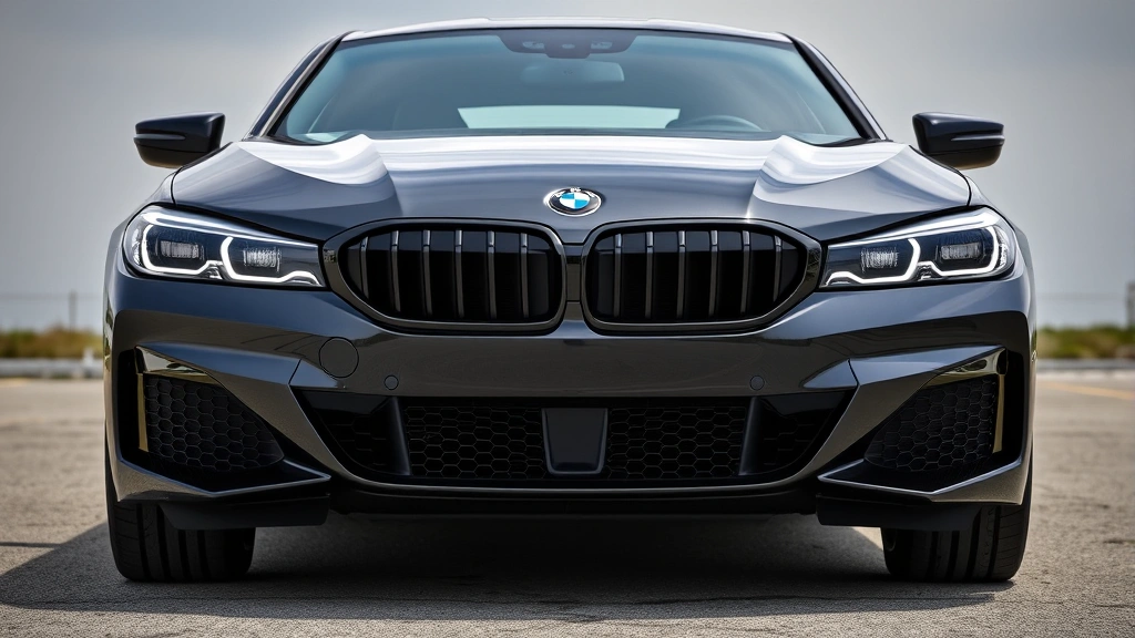 2024 BMW M440i xDrive sedan front three-quarter view, dark metallic paint, professional automotive photography, luxury sport sedan aesthetic, daytime lighting