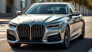 Luxury sedan front three-quarter view, sleek design, professional automotive photography, daytime lighting, premium finish, motion blur background, modern sedan aesthetic