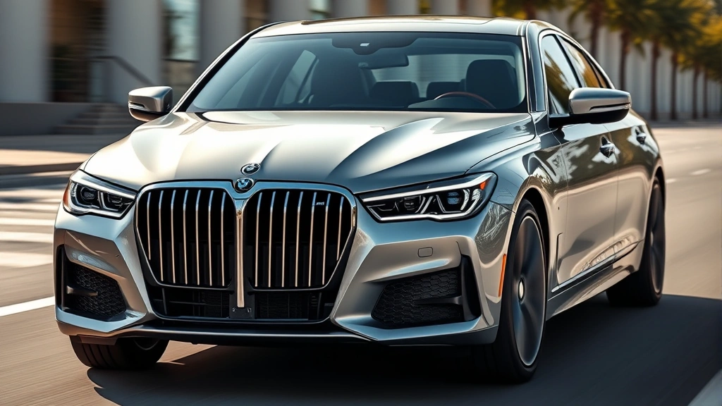 Luxury sedan front three-quarter view, sleek design, professional automotive photography, daytime lighting, premium finish, motion blur background, modern sedan aesthetic