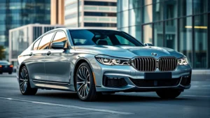 Luxury BMW 7 Series sedan photographed from three-quarter angle, metallic silver paint, LED headlights illuminated, modern urban environment with glass buildings, professional automotive photography
