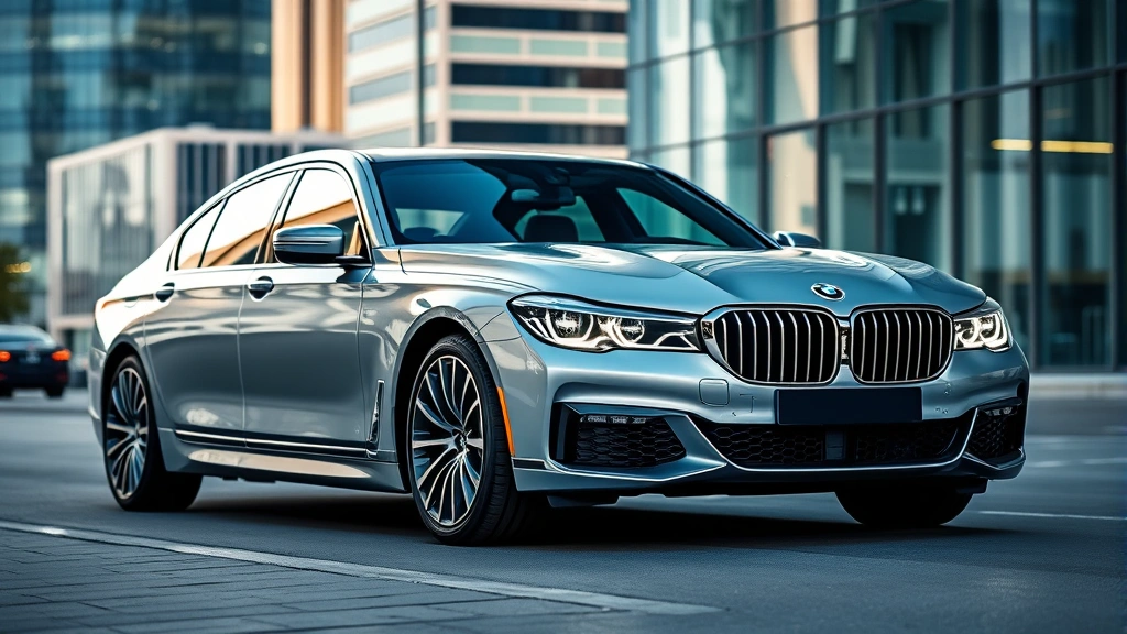 Luxury BMW 7 Series sedan photographed from three-quarter angle, metallic silver paint, LED headlights illuminated, modern urban environment with glass buildings, professional automotive photography
