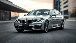 Sleek metallic silver BMW 7 Series sedan photographed from three-quarter front angle on pristine asphalt, modern architecture blurred in background, professional automotive lighting, sharp focus on distinctive kidney grille and LED headlights