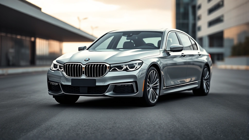 Sleek metallic silver BMW 7 Series sedan photographed from three-quarter front angle on pristine asphalt, modern architecture blurred in background, professional automotive lighting, sharp focus on distinctive kidney grille and LED headlights