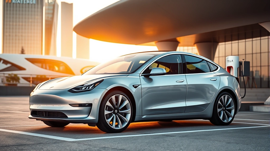 Sleek silver Tesla Model 3 sedan parked on modern charging pad with futuristic urban architecture background, golden hour lighting, dynamic angle emphasizing aerodynamic design