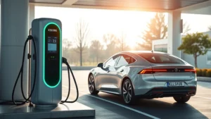 Sleek electric vehicle charging at modern station with LED displays and clean minimalist design, photorealistic daylight, no text or badges visible