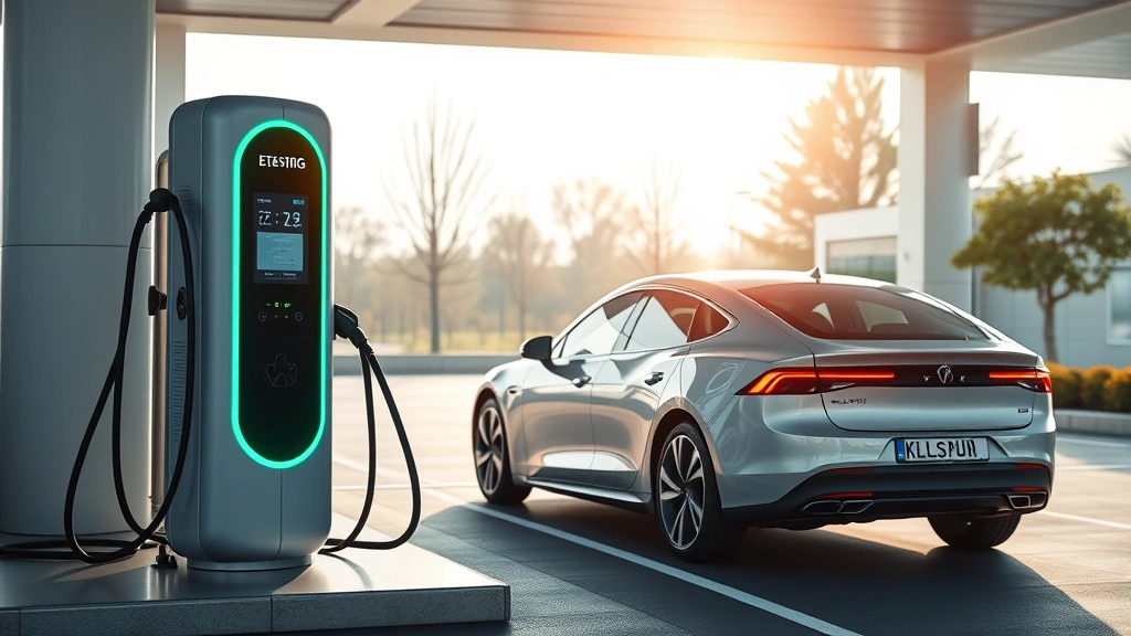 Sleek electric vehicle charging at modern station with LED displays and clean minimalist design, photorealistic daylight, no text or badges visible