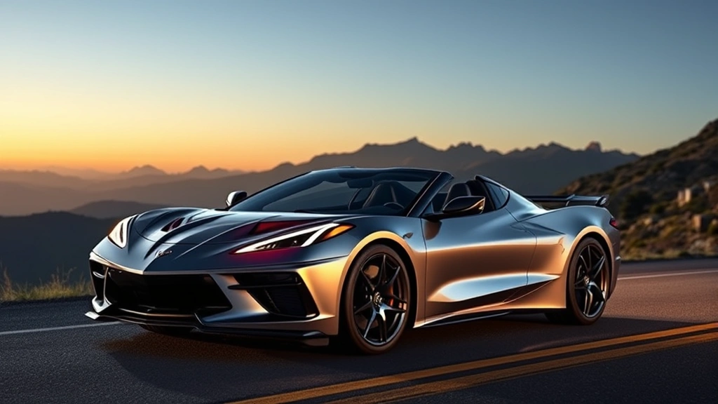 2024 Chevrolet Corvette Stingray mid-engine sports car in metallic silver, dynamic three-quarter view on mountain road, dramatic lighting emphasizing sleek design