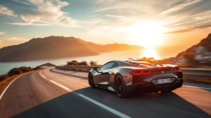 High-performance sports car accelerating on coastal highway with mountains in background, dramatic motion blur, golden hour lighting, sleek aerodynamic design visible