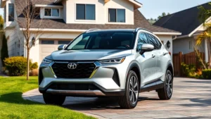 Modern compact crossover SUV front three-quarter view in silver, parked on suburban driveway with modern house in background, bright daylight, professional automotive photography