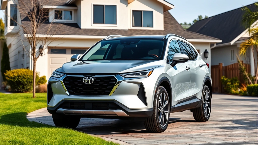 Modern compact crossover SUV front three-quarter view in silver, parked on suburban driveway with modern house in background, bright daylight, professional automotive photography