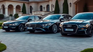 Luxury sedan lineup featuring BMW 7-Series, Mercedes S-Class, and Audi A8 parked side by side on elegant driveway, premium materials visible, golden hour lighting