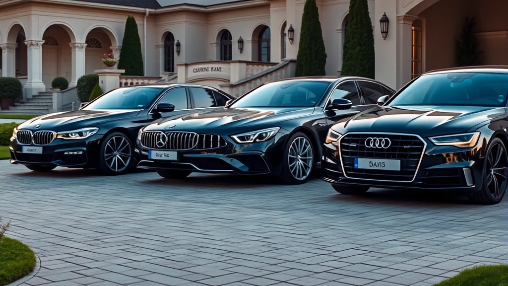 Luxury sedan lineup featuring BMW 7-Series, Mercedes S-Class, and Audi A8 parked side by side on elegant driveway, premium materials visible, golden hour lighting