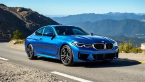 2024 BMW M440i xDrive sedan in metallic blue, three-quarter front view, dynamic driving pose on mountain road, professional automotive photography