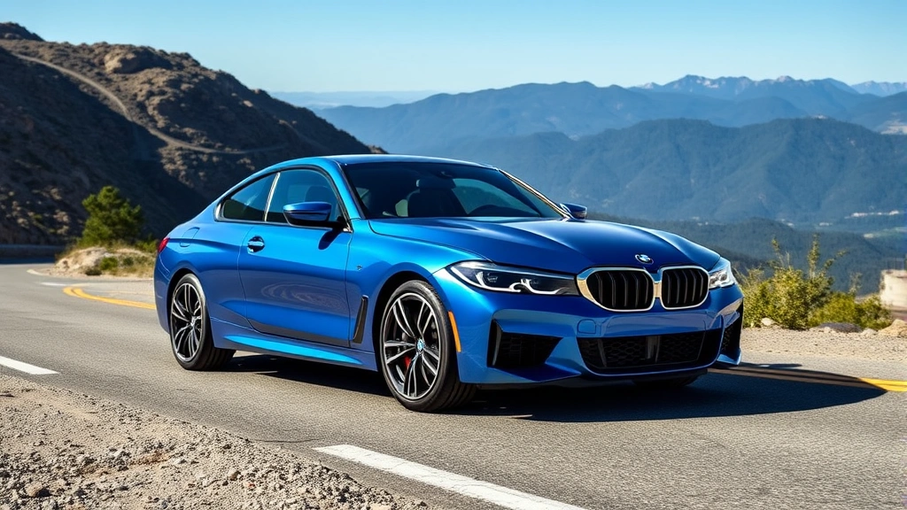 2024 BMW M440i xDrive sedan in metallic blue, three-quarter front view, dynamic driving pose on mountain road, professional automotive photography