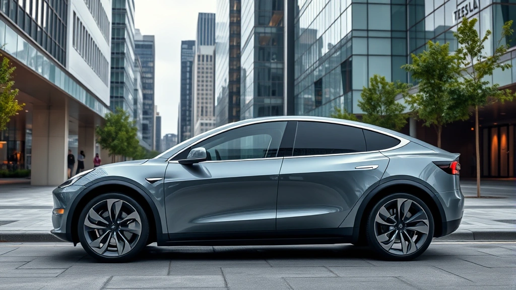 Sleek Tesla Model Y electric vehicle parked in modern urban setting with contemporary architecture, photorealistic detail showing aerodynamic body lines and wheel design