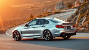 Professional photograph of sleek silver BMW M440i xDrive sedan on winding mountain road at golden hour, dynamic angle showing performance stance and modern design lines