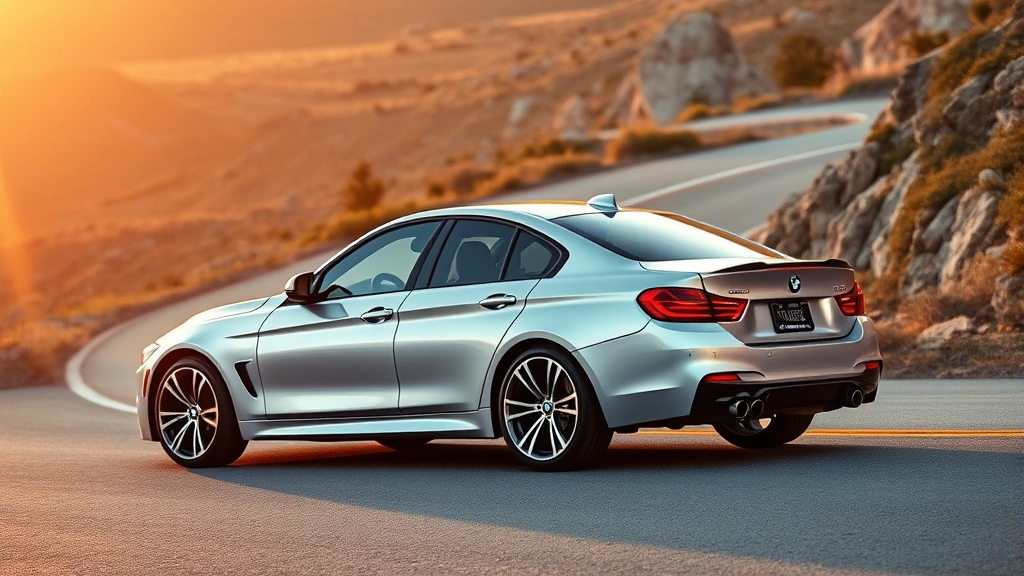 Professional photograph of sleek silver BMW M440i xDrive sedan on winding mountain road at golden hour, dynamic angle showing performance stance and modern design lines