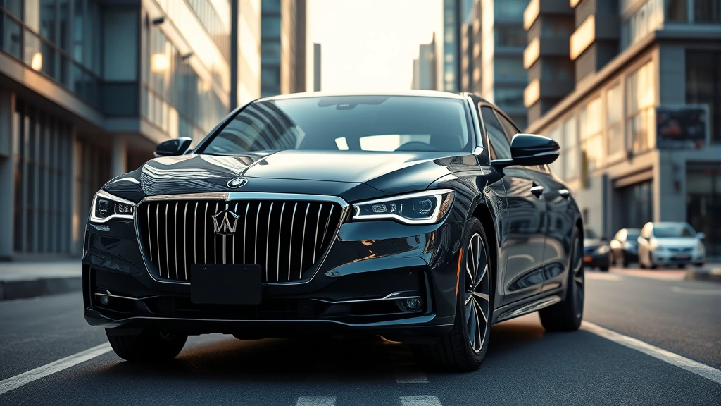 Professional luxury sedan front three-quarter view on modern city street with contemporary architecture background, afternoon lighting highlighting sleek design lines and premium exterior details