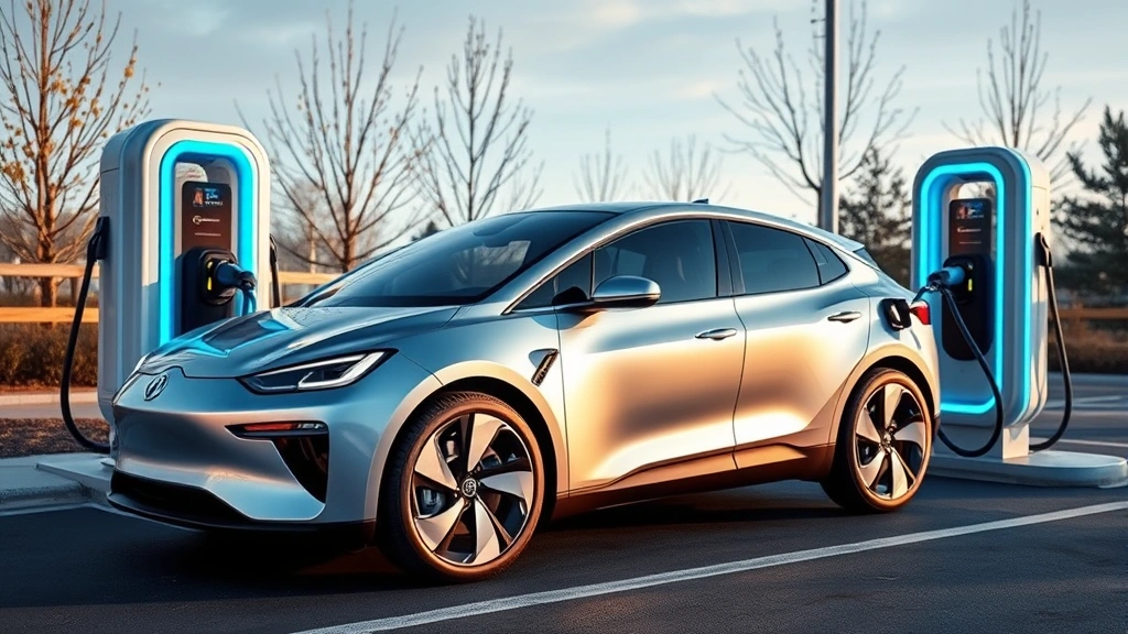 Sleek silver electric vehicle charging at modern fast-charging station with blue accents, futuristic design, daytime setting, photorealistic