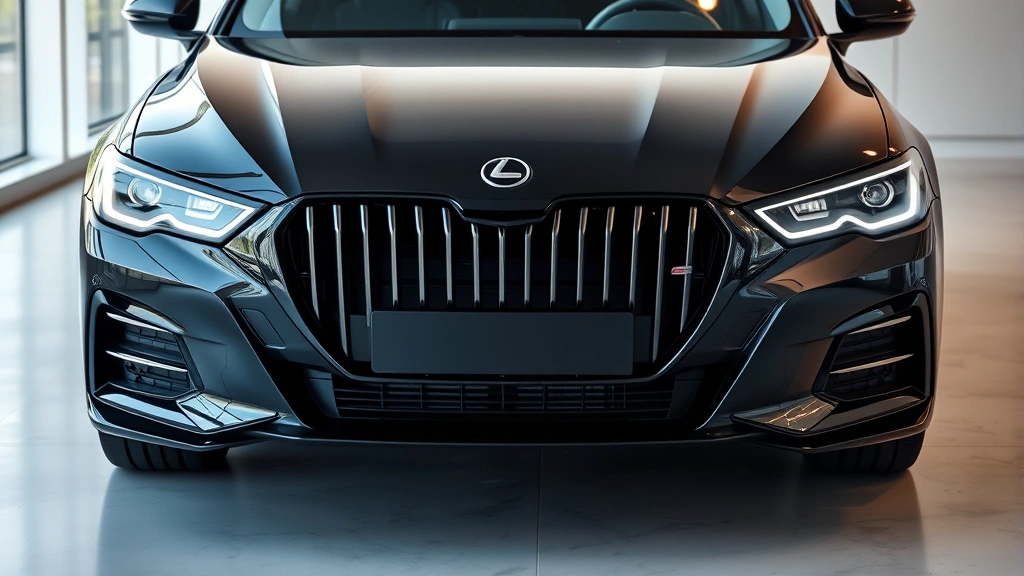 Modern luxury sedan front three-quarter view with sleek design, premium headlights, professional automotive photography in daylight, polished paint surface