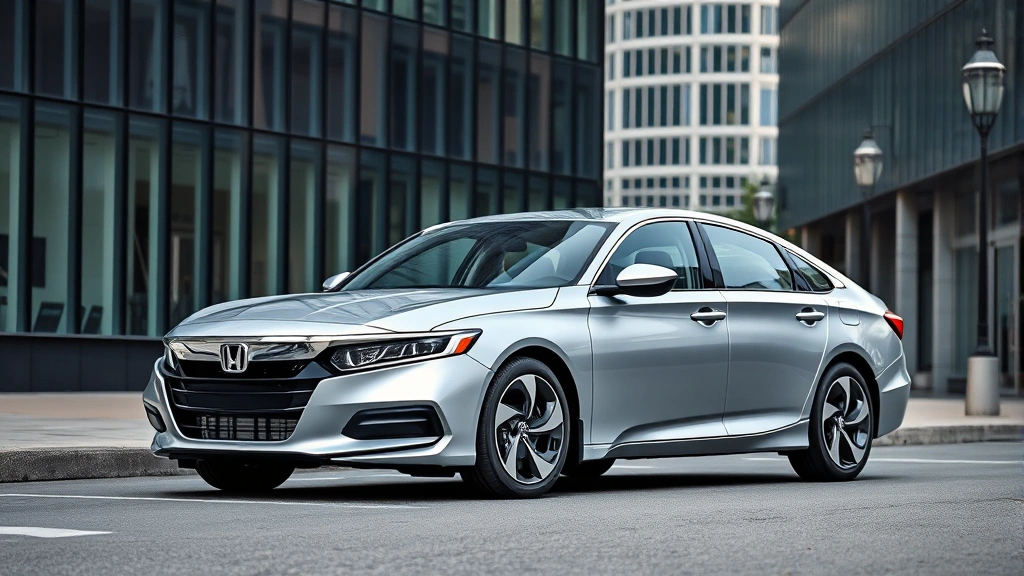 Sleek 2024 Honda Accord silver sedan parked on modern urban street with glass buildings background, professional automotive photography