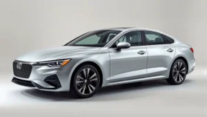 Sleek 2024 luxury sedan with refined exterior design, premium paint finish, modern headlight technology, photographed in professional studio lighting against neutral background