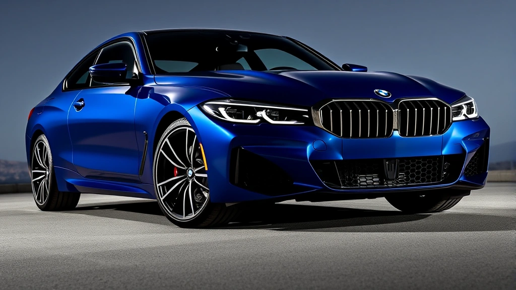 2024 BMW M440i xDrive sedan in metallic blue, three-quarter front view, dynamic lighting on premium alloy wheels, luxury automotive photography