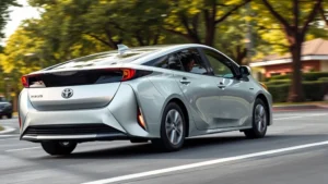 Modern silver Toyota Prius driving on suburban street with trees, hybrid sedan efficiency, daytime natural lighting, photorealistic automotive photography