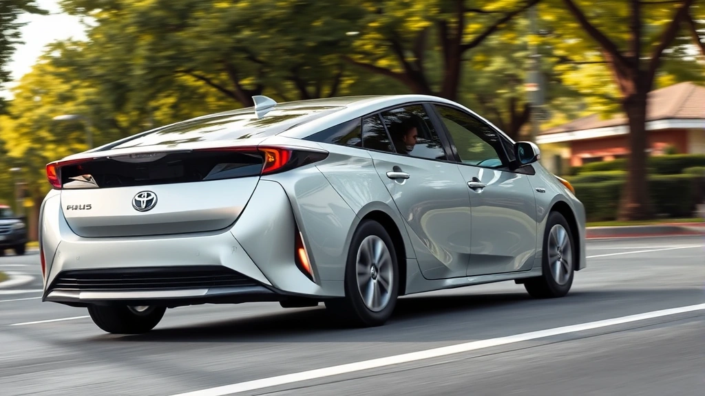 Modern silver Toyota Prius driving on suburban street with trees, hybrid sedan efficiency, daytime natural lighting, photorealistic automotive photography