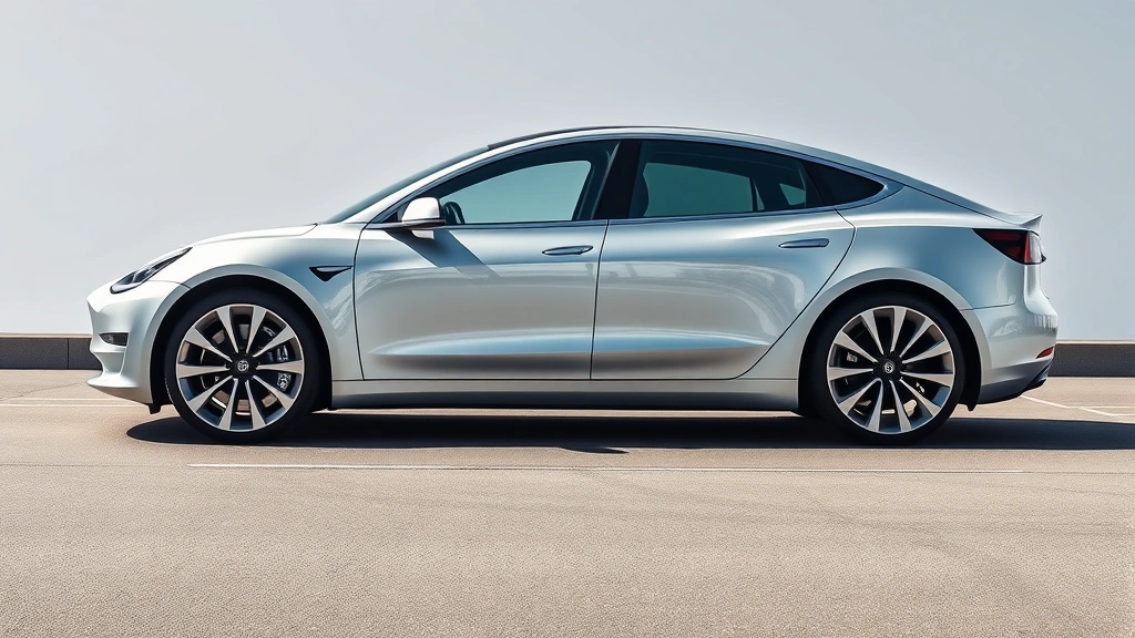 Sleek silver Tesla Model 3 sedan photographed from three-quarter angle in bright daylight, modern minimalist design, aerodynamic profile, professional automotive photography style