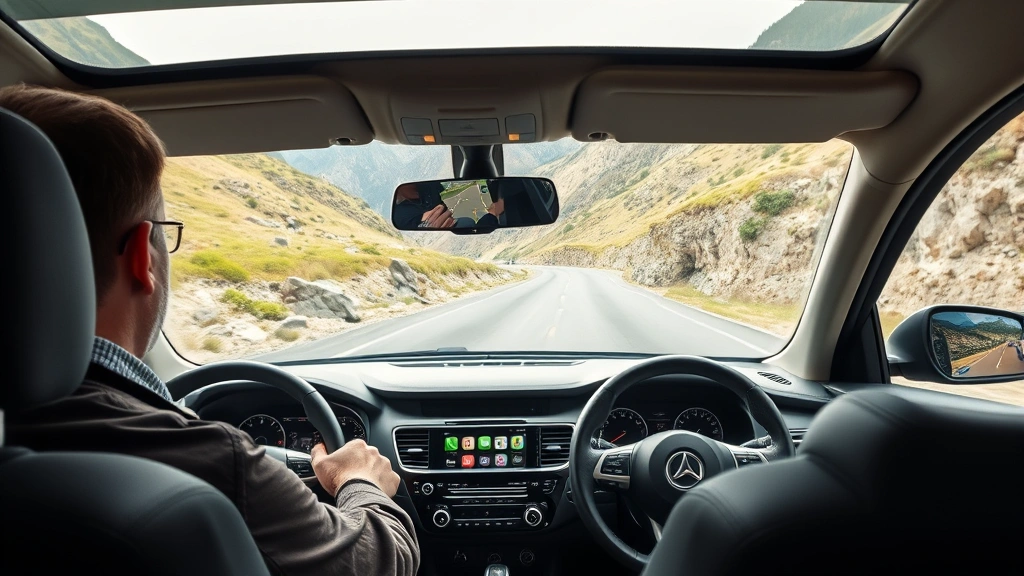 Professional automotive journalist testing sedan on winding mountain road, concentrated expression, modern car dashboard visible through windshield, natural daylight, photorealistic