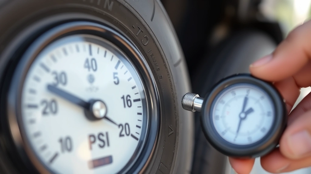 Close-up of tire pressure gauge showing correct PSI on vehicle tire sidewall, professional automotive setting, natural lighting, measuring tool in focus