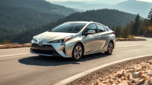 Modern Toyota Prius hybrid sedan in silver color driving on curved mountain road with forest landscape background, showcasing sleek design and aerodynamic profile, professional automotive photography, bright daylight