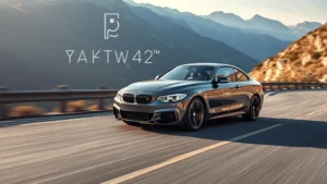 BMW M440i xDrive luxury sedan in motion on mountain road, dynamic performance lighting, professional automotive photography with sharp focus