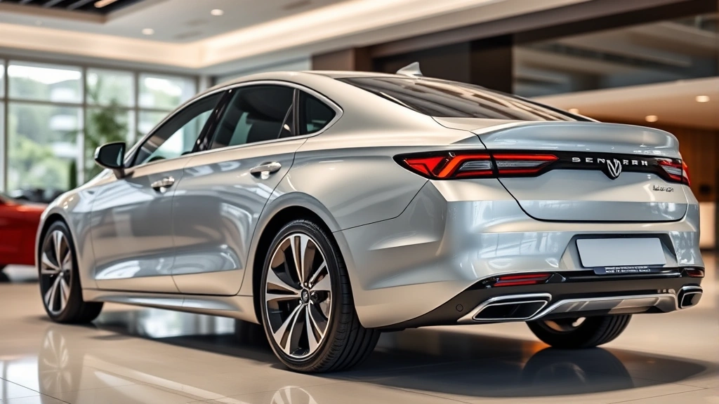 Professional automotive photography of sleek 2024 luxury sedan in metallic silver, photographed from three-quarter angle, modern dealership showroom background with soft lighting, emphasizing elegant lines and premium design details