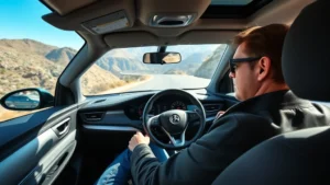 Professional automotive journalist test driving modern sedan on winding mountain road, focused expression, hands on steering wheel, natural daylight