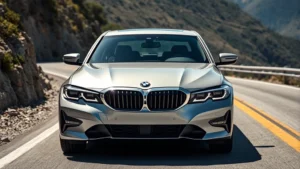 2024 BMW 340i xDrive luxury sedan front three-quarter view on winding mountain road, professional automotive photography, daylight, sharp focus
