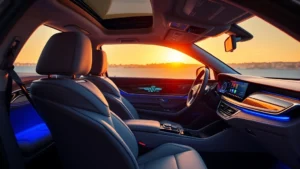 2024 luxury sedan interior showcasing premium leather seats, ambient lighting, and digital dashboard display in sophisticated automotive cabin setting