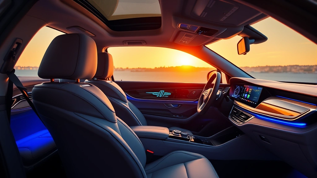 2024 luxury sedan interior showcasing premium leather seats, ambient lighting, and digital dashboard display in sophisticated automotive cabin setting