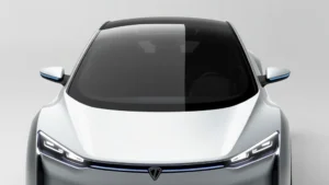 Sleek electric vehicle with futuristic profile, low hood, panoramic windshield, modern LED headlights, neutral background, photorealistic rendering