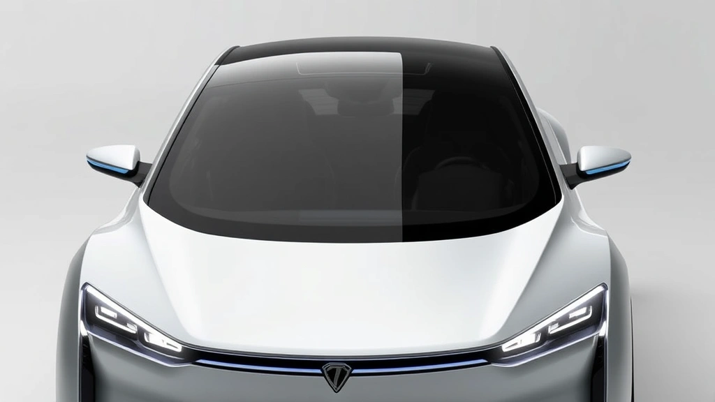 Sleek electric vehicle with futuristic profile, low hood, panoramic windshield, modern LED headlights, neutral background, photorealistic rendering