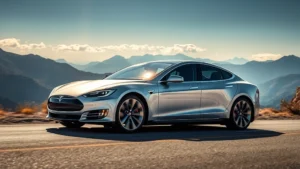 Tesla Model S Plaid silver exterior three-quarter view on mountain road with dramatic landscape background, sunlight reflecting off sleek bodywork