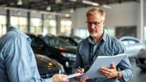 Professional automotive journalist reviewing vehicle specifications with detailed notes, modern car showroom background, natural lighting, serious professional demeanor