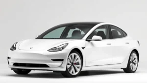 2024 Tesla Model 3 sedan in pearl white multi-coat, three-quarter front view, modern minimalist design, sleek aerodynamic profile, professional studio lighting, pristine condition