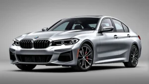 2024 BMW M440i xDrive sedan in metallic silver, photographed from three-quarter front angle, showcasing aggressive M Sport styling, LED headlights, and aerodynamic body lines against neutral gray background